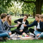 ungdomar-sitter-pa-en-filt-i-graset-och-har-picknick-i-en-park