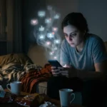 kvinna-med-trott-blick-sitter-i-en-soffa-pa-natten-och-haller-i-en-mobiltelefon