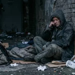 En missbrukares kropp en-sittande-hemlos-person-med-ryggsack-och-filt-vid-en-tegelvagg
